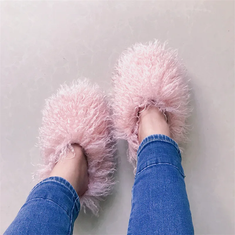 Luxury winter Fur Slipper Colorful Furry faux sheepskin Indoor Warm Wool Cotton women Slippers snow boots
