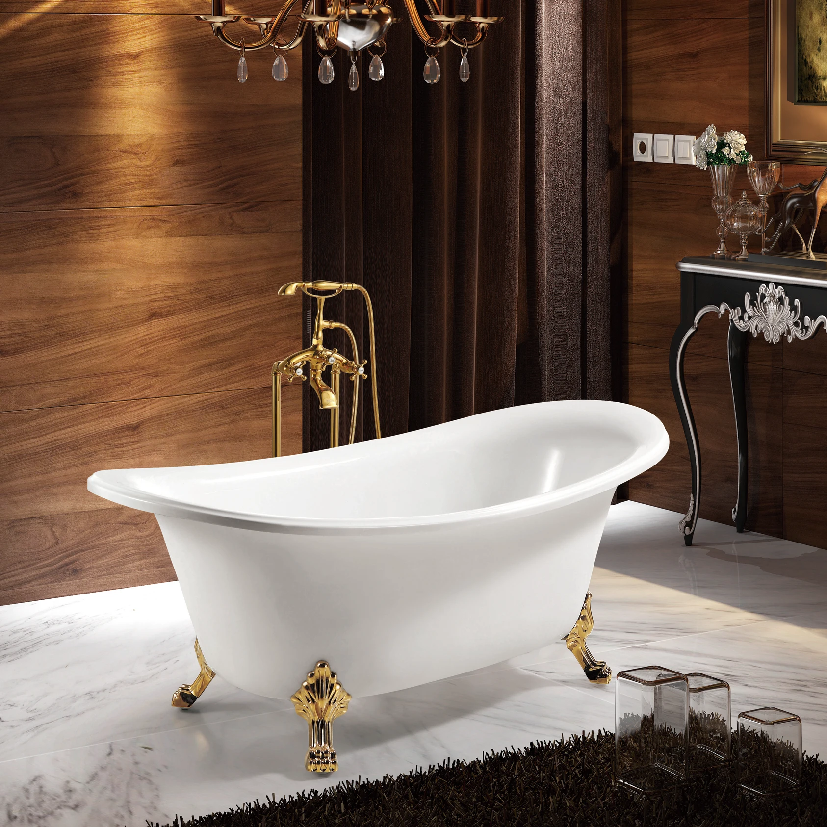 White Acrylic Bathtub Modern Stand Alone Bath Tub with Silver Supporting Foot Comfortable Bathtubs