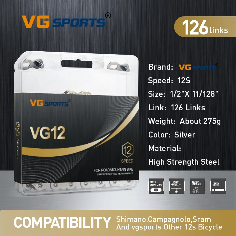 VG Sports Ultralight 12 Speed Bicycle Chain Bike Chain 126 Links Silver Mountain MTB Road Bike Chains