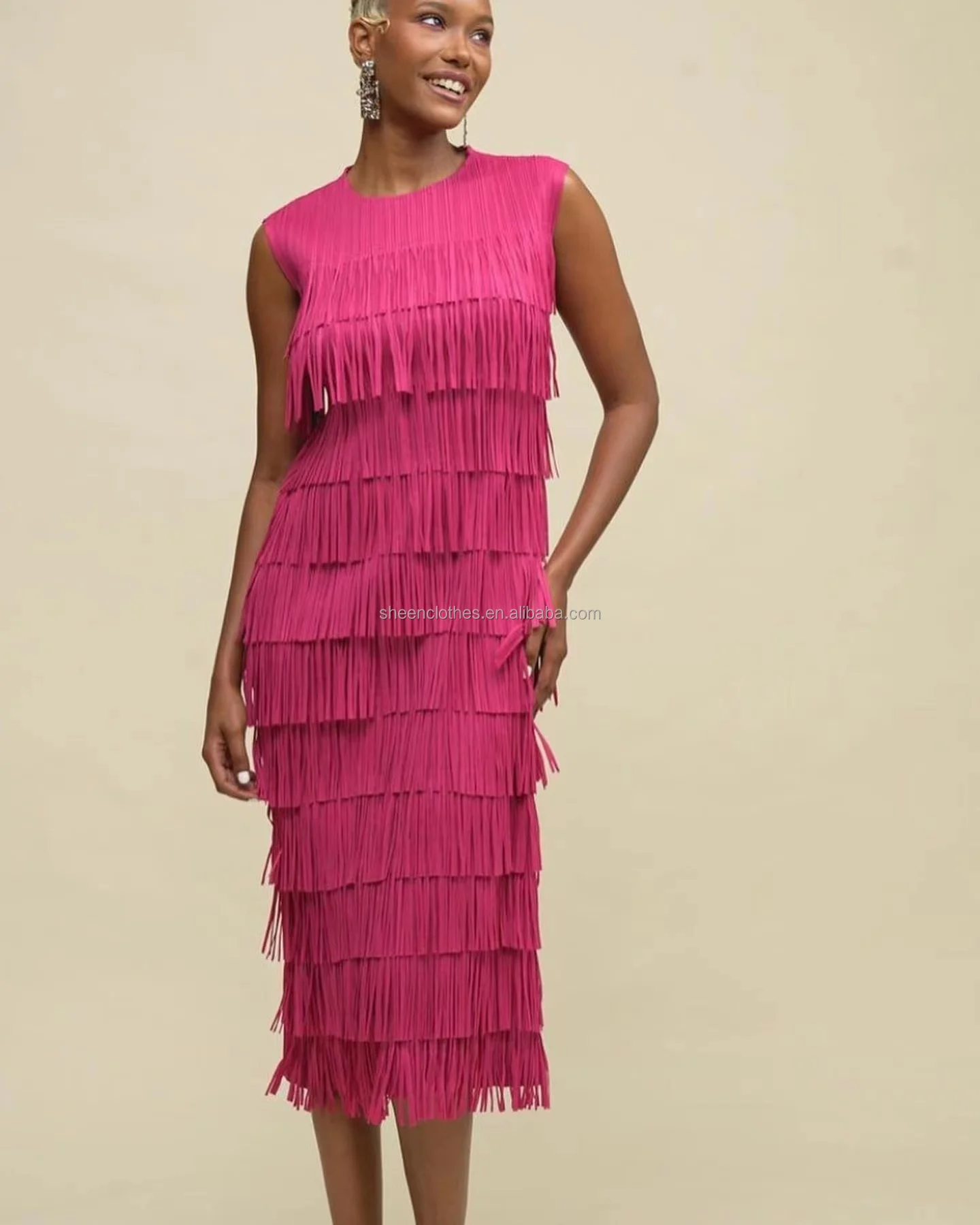 Beautiful Fashion Show Large Size Plus Size Solid Color Miyake Pleated Tiered Dress Women  Sleeveless Fringe Vestidos Dresses