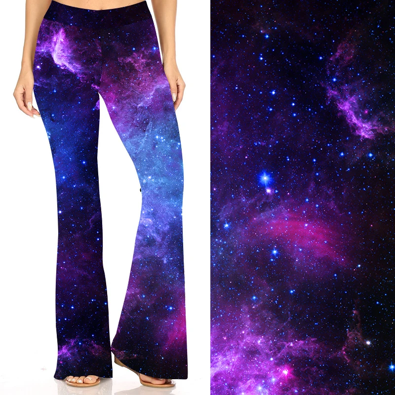 Custom Design High Waist Plus Size Women Digital Printed Bell Bottom Black Galaxy Vintage Flare Wide Leg Pants Trousers