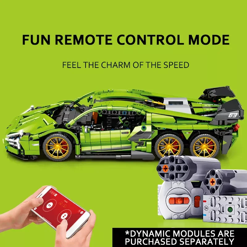 HW Toys 1475PCS Rc Radio Electric Big Bull Green Sports Car Model Remote Control Building Blocks Techinc Bricks Sets For Kids