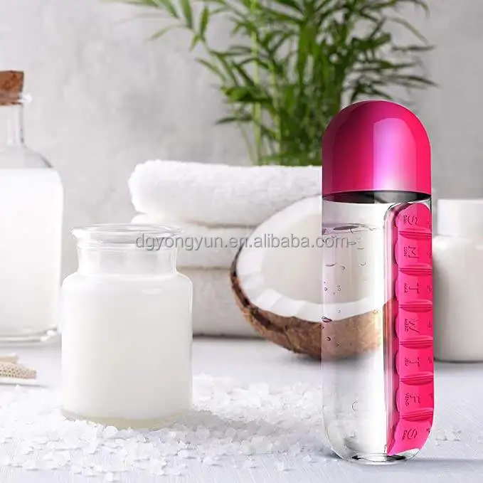 Portable Water Bottle Weekly Pill Cup Case , travel Multi Function Pill Bottle, Outdoor 7 Compartments pill Organizer box 20oz