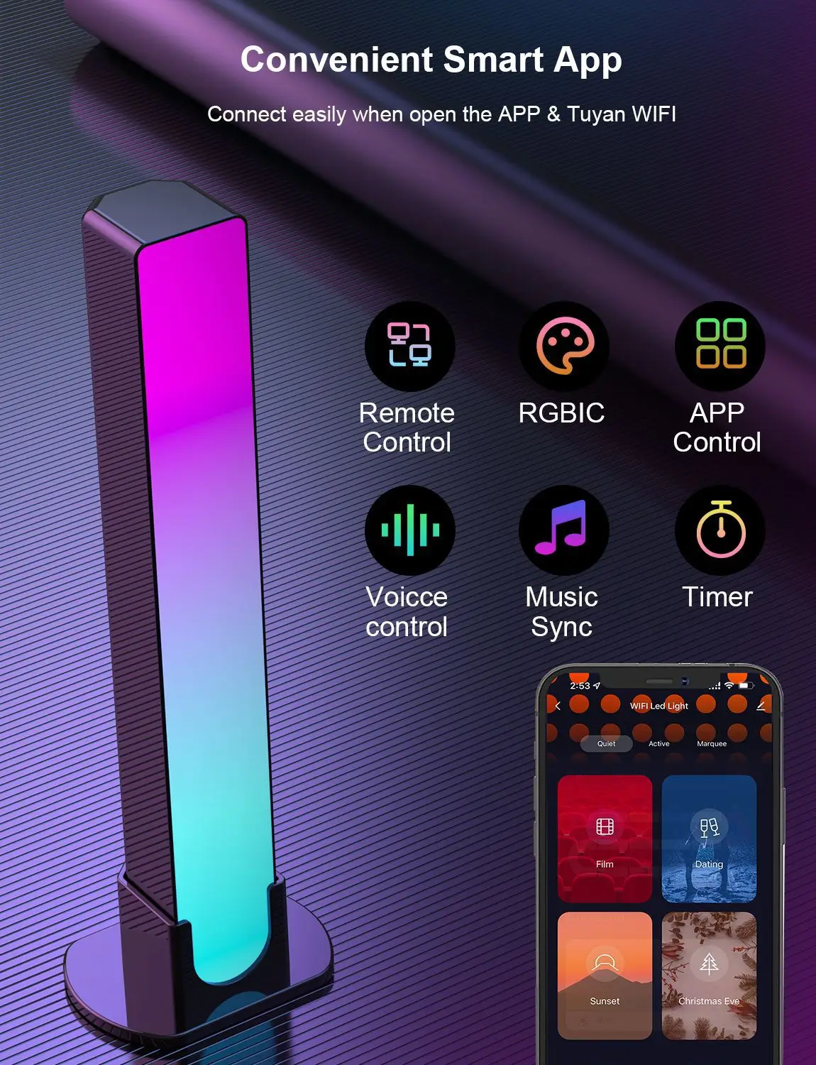 Christmas Lights with Music Sound Voice Control Smart APP Pickup LED Rhythm Lights Smart Music Melody Light for Game Room Desk