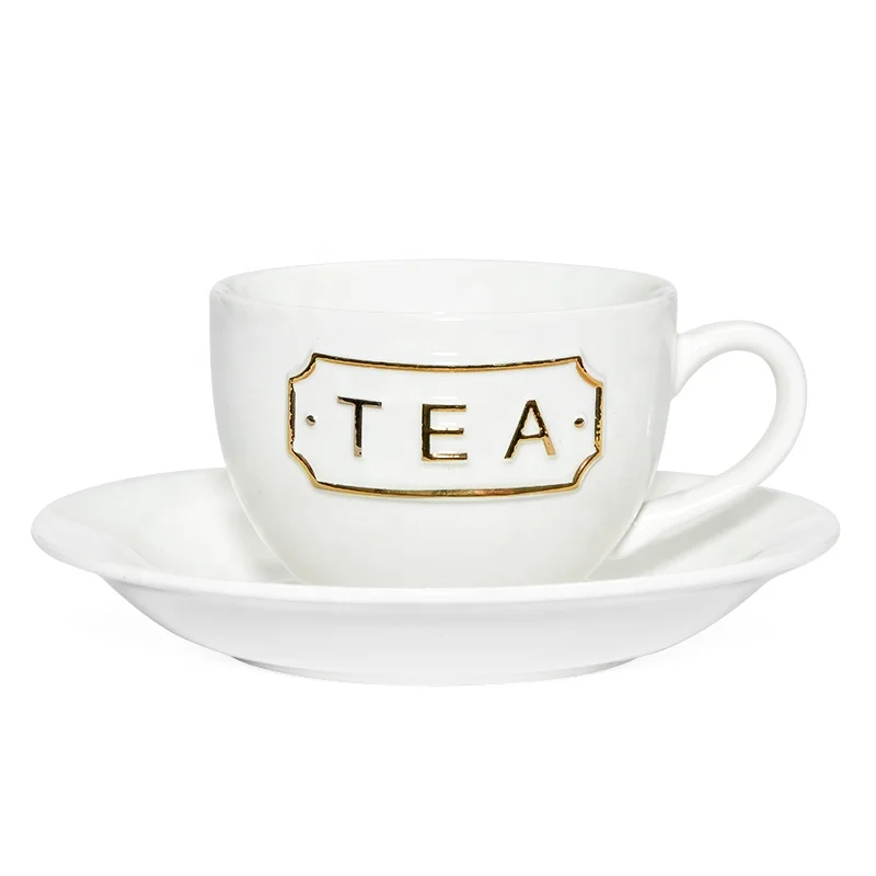 Modern Simple Style Ceramic Cup And Saucer Set Craved White Color Coffee Tea Dessert Restaurant Cups with Golden Edge