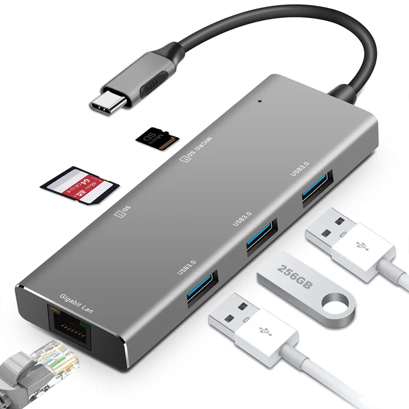Type C USB HUB конвертер 6 в 1 удлинитель док-станция для док-станции для ноутбуков с Gigabit Lan USB 3,0 для телефонов и планшетных ПК
