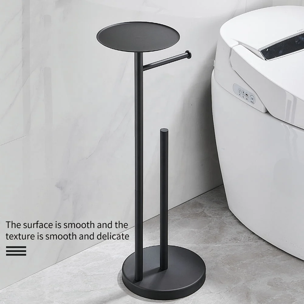 Black Gold Metal Floor Standing Toilet Paper Tower Holder With Phone Shelf Tissue Roll Dispenser Stand With Weighted Base