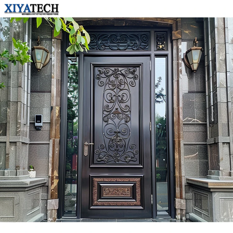 XIYATECH New safety Residential iron single door design front door Tempered Glass House iron wrought door prices
