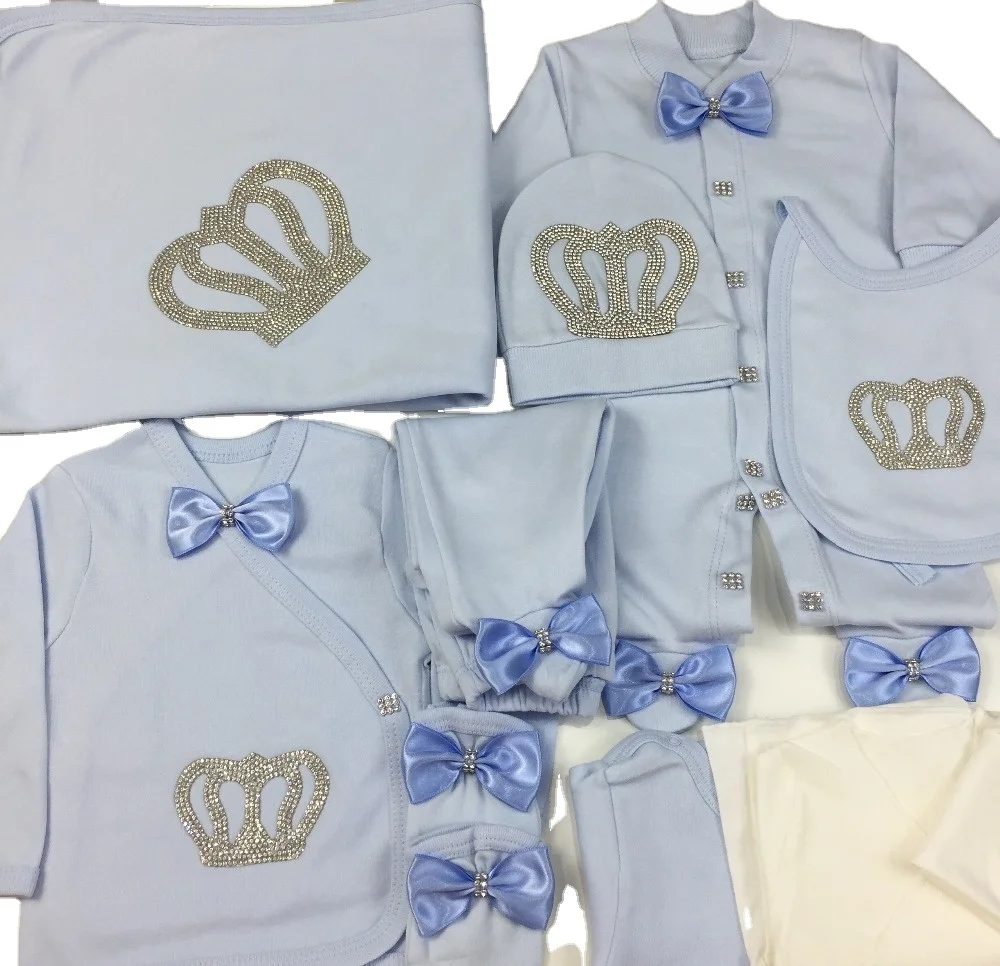 Cotton Fabric Knitted Wholesale Custom Newborn New Design 10 Pieces Clothes Bamboo Baby Newborn Set Blue Bows with Crowned