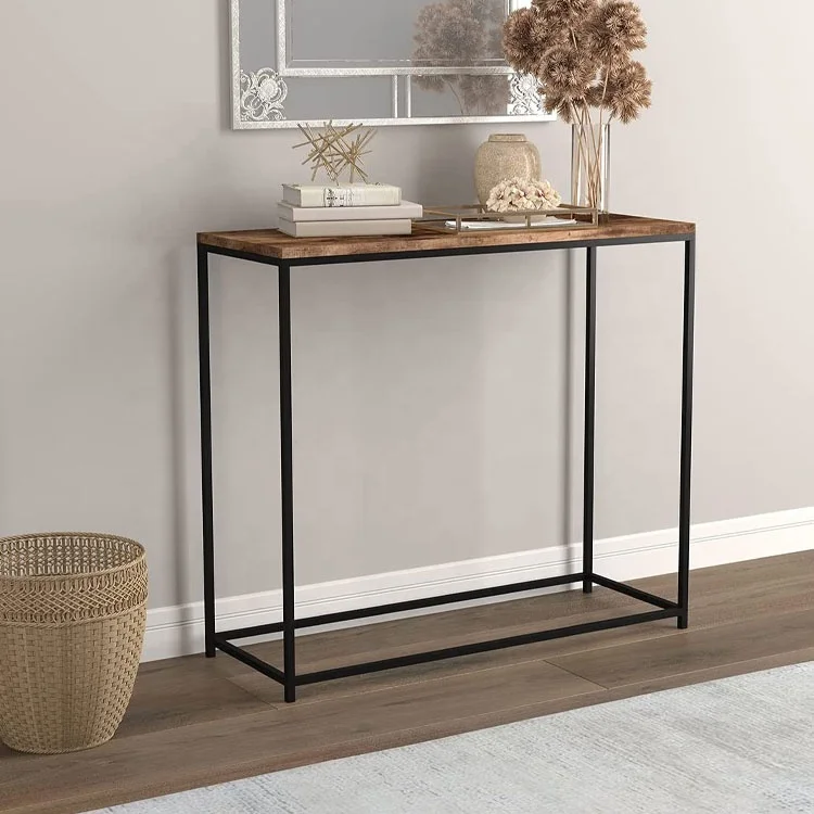 Customized Brown Reclaimed Entryway Console Table with Black Metal for Living Room