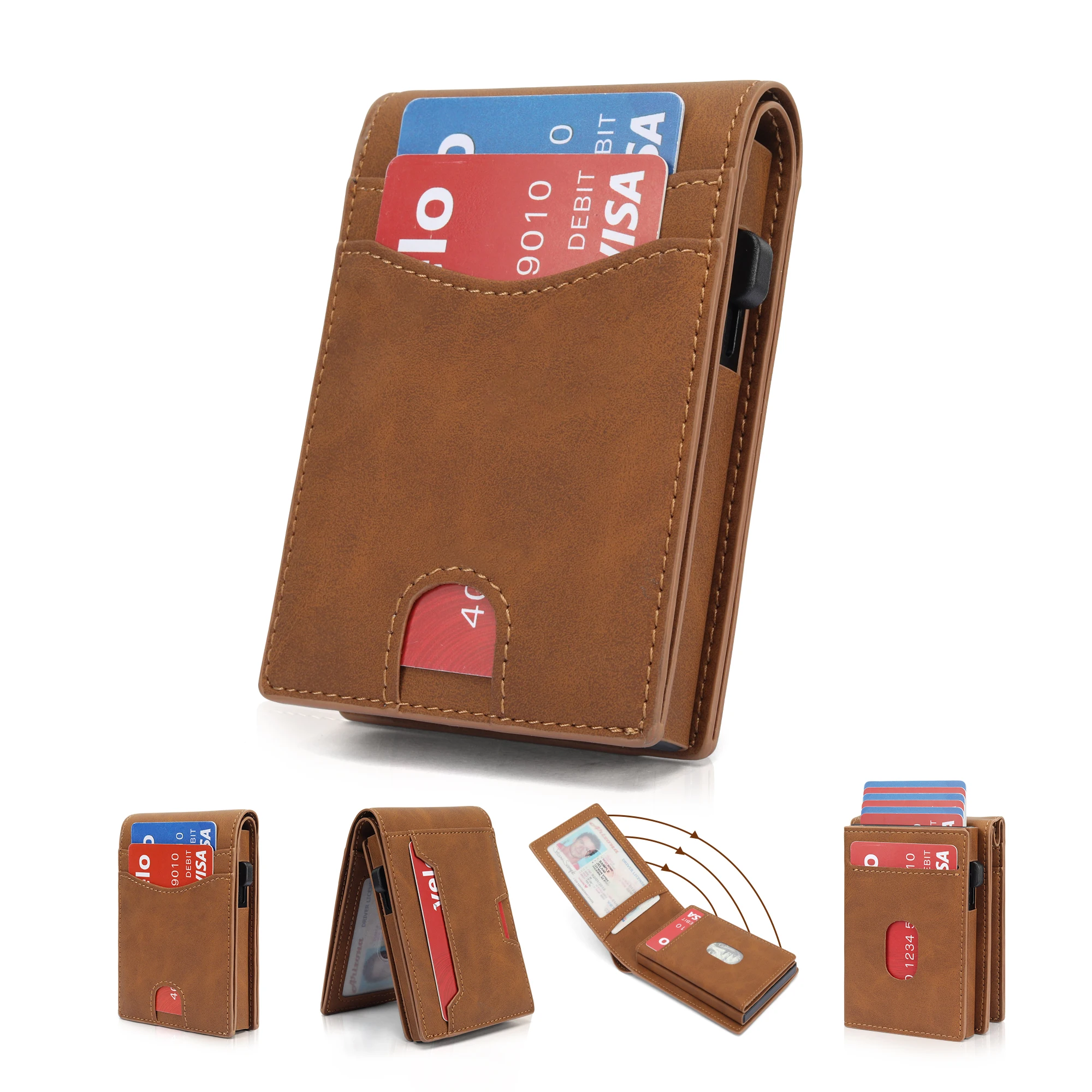 Metal Pop Up Card Holder Retro Handmade Full Grain Crazy Horse Leather Card Case Wallet Magnetic Combination Wallet For Man