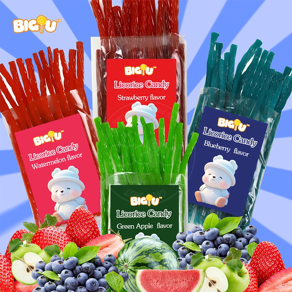 Заводская прямая продажа халяльная скрученная мягкая жевальная лакрица с цветным наполнителем кислые сладости жевательные