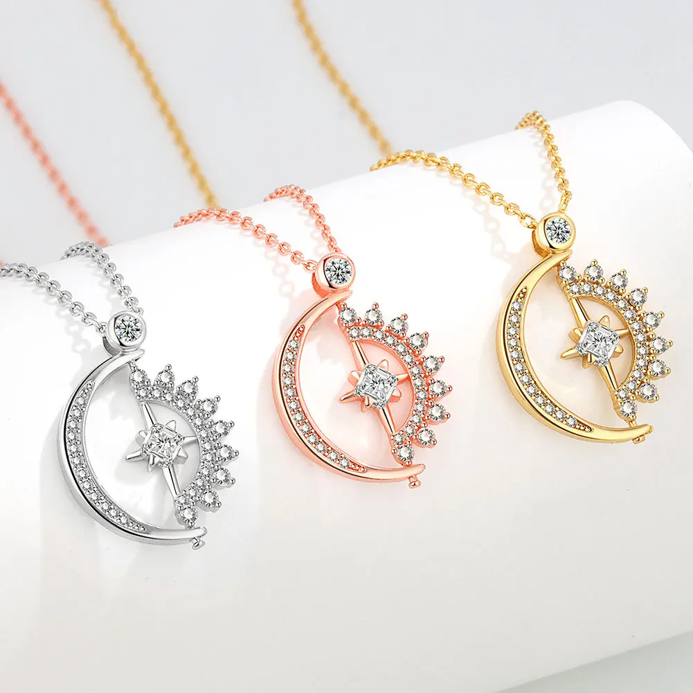 Hot Selling Anti Stress Spinner Fidget Necklaces Jewelry Crystal Spinning Anxiety Necklace Rotatable Zircon Moon Star Necklace