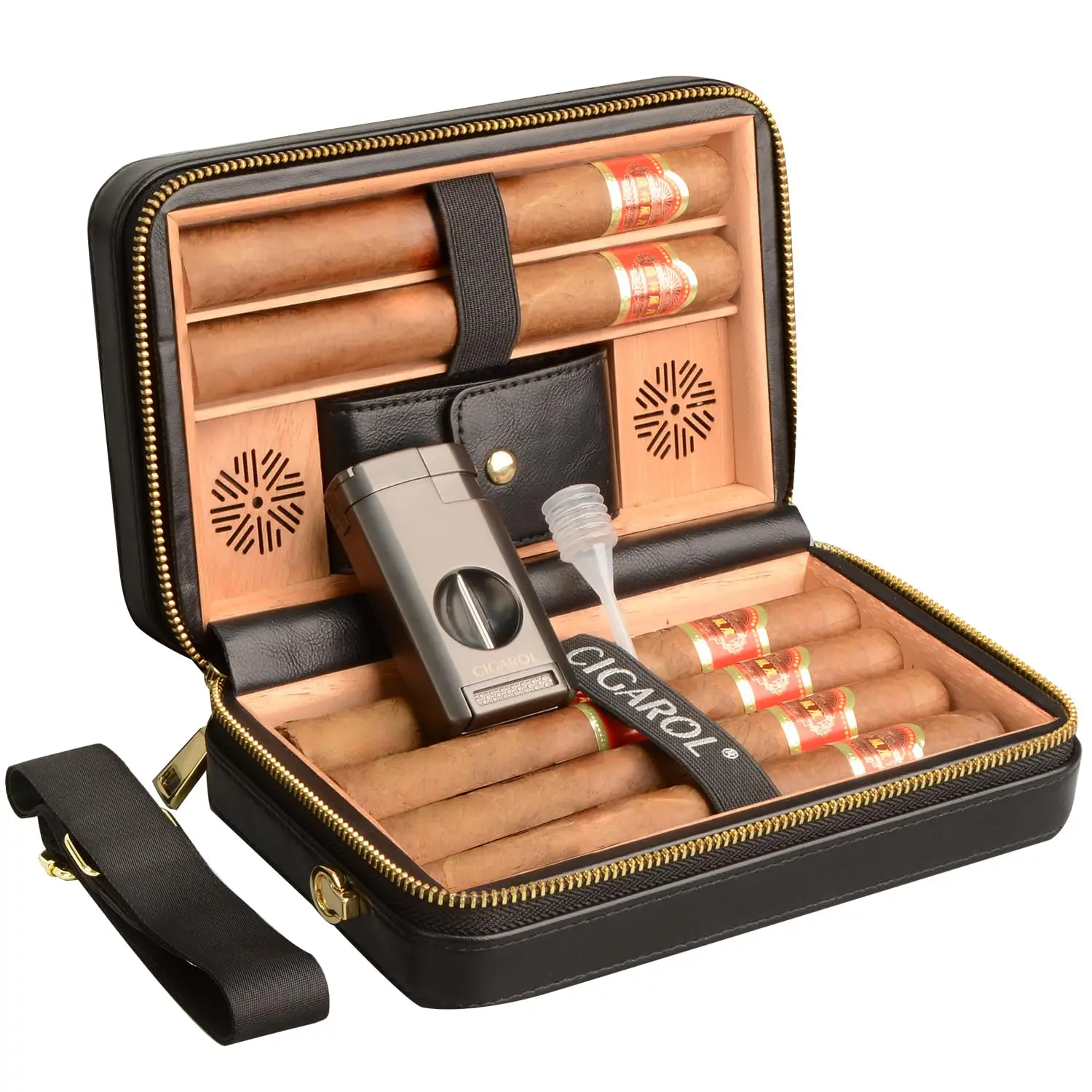 Wholesale High End Luxury Leather Cigar Travel Humidor Case with Lighter Cigar Accessories Set for 6 Cigars Gift for Men