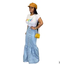 KG3632 Newest Printed Buttons Splicing Blue Latest Design 2022 Fashion Clothing Long Maxi Skirt