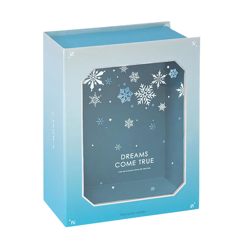 China manufacture transparent window lid shining blue card board clear storage packing box with ribbon for gift
