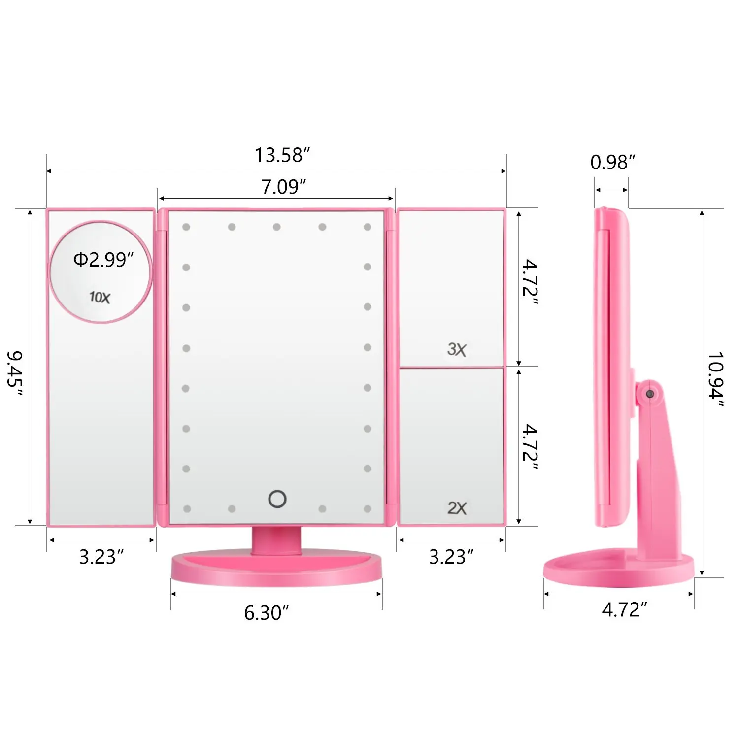 dimmable touch sensor tabletop trifold cosmetic mirror 3 folding led vanity mirror for makeup