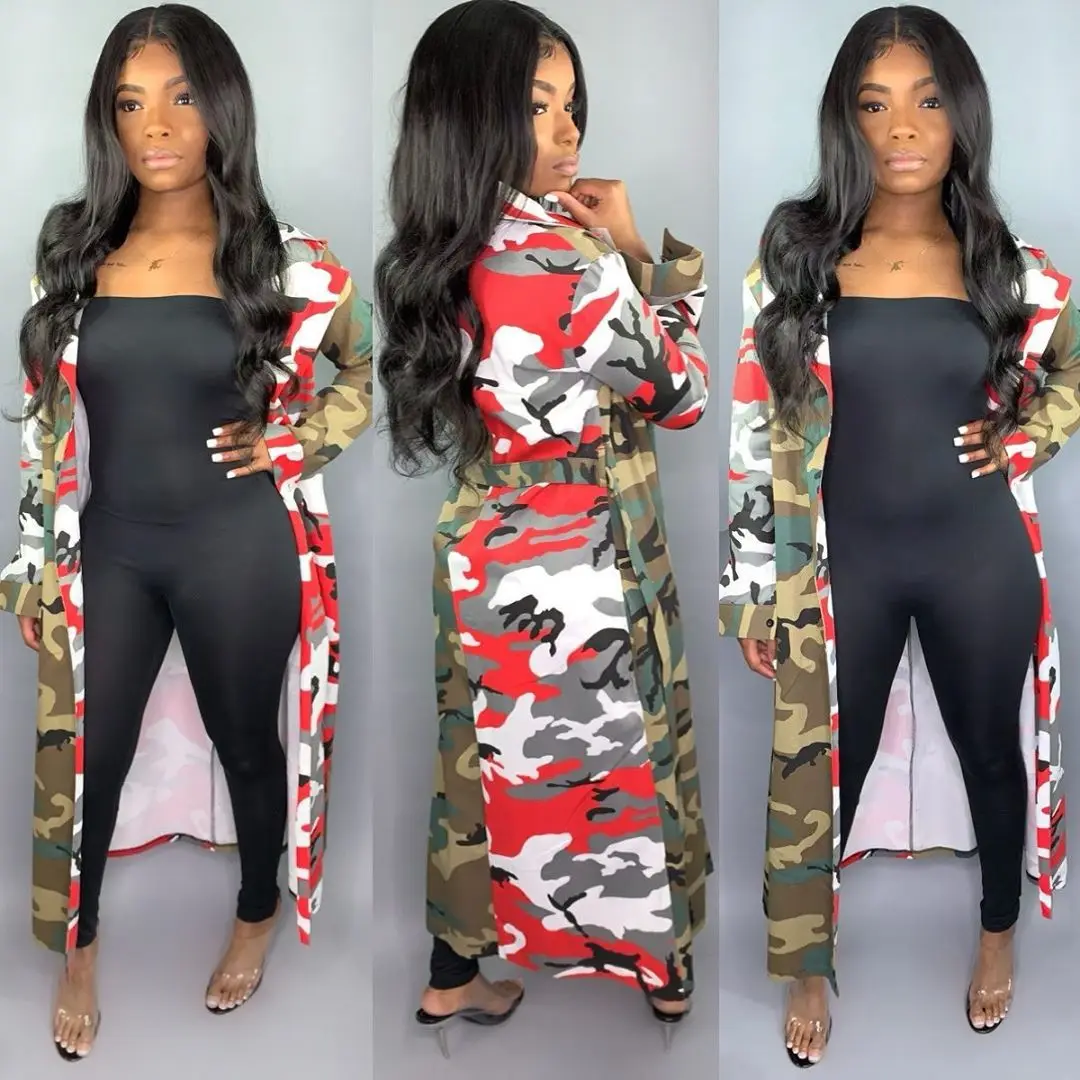 Wholesale Ladies Outdoor Wear Turn Down Collar Belt Camo Patchwork Trench Coat Women Long Windbreaker Jacket