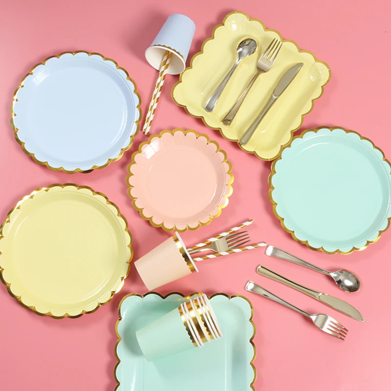 Fresh Style Disposable Plates Cups Forks Spoons Straws Set Happy Birthday Party Festival Picnic Supplies Paper Tableware Set