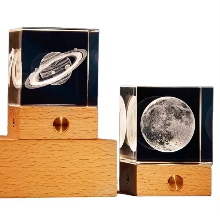4cm Wholesale Wood  Led Light Square Warm Wooden 3D Night Light Cube Base Hold Crystal Glass Ball christmas birthday gift