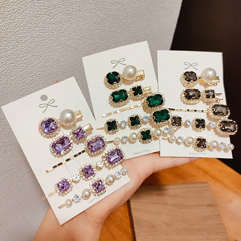 2022 Wholesaler Korean Word Hair Clips Hairpin Accessories Vintage Green Pearl Rhinestone Hair Clips For Women Girl