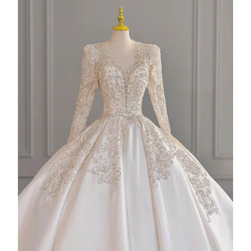 MANYLIYA French wedding dress bride long sleeves heavy V-neck satin high-quality texture main wedding dress