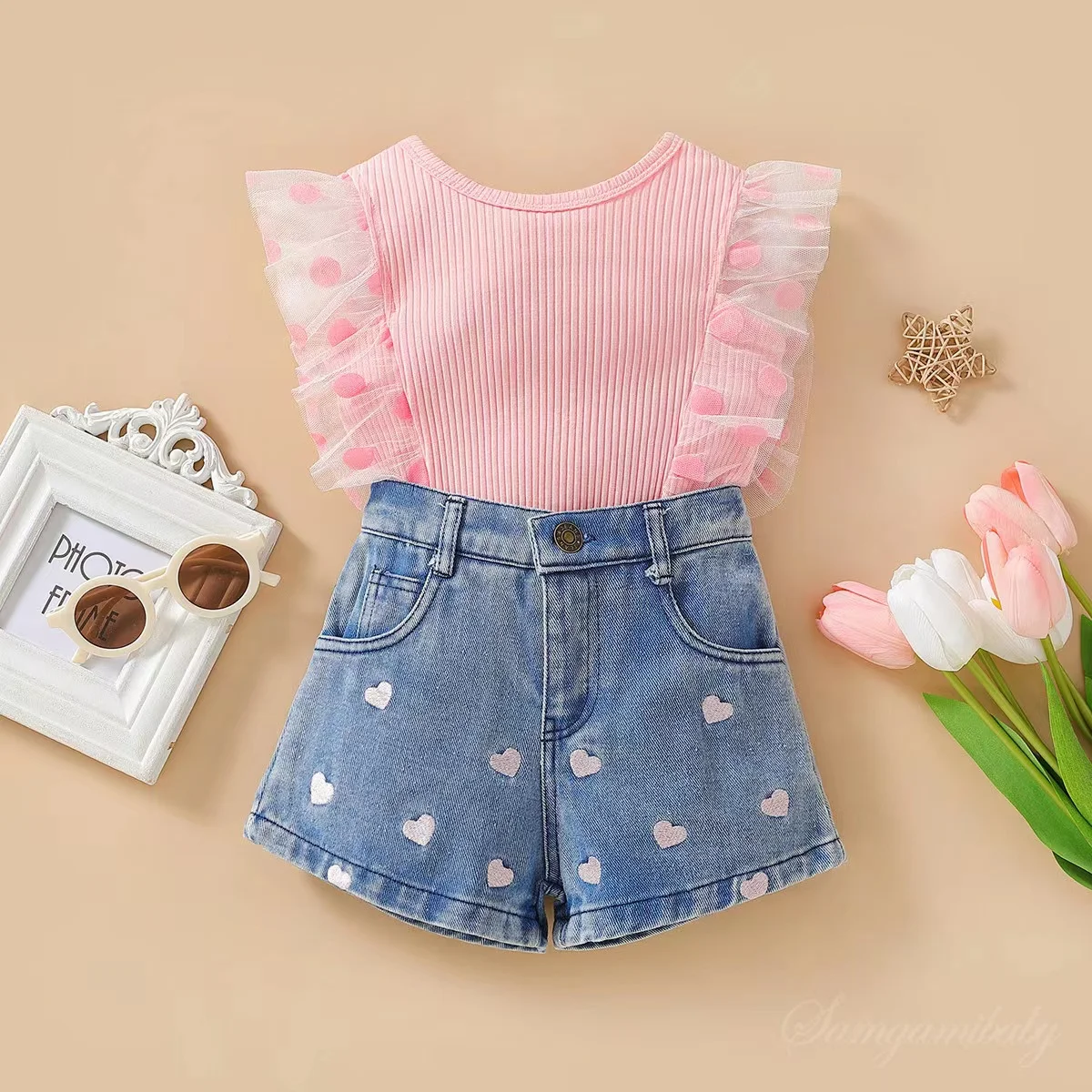 Hot sale Infant Baby Summer Dot Mesh Denim Floral Shorts Sets Clothes