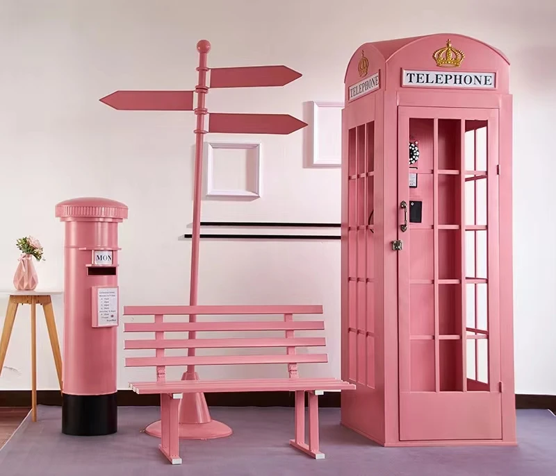 Customized Pink Retro Telephone Booth London Pink Phone Booth Decoration Prop Postbox Telephone Booth