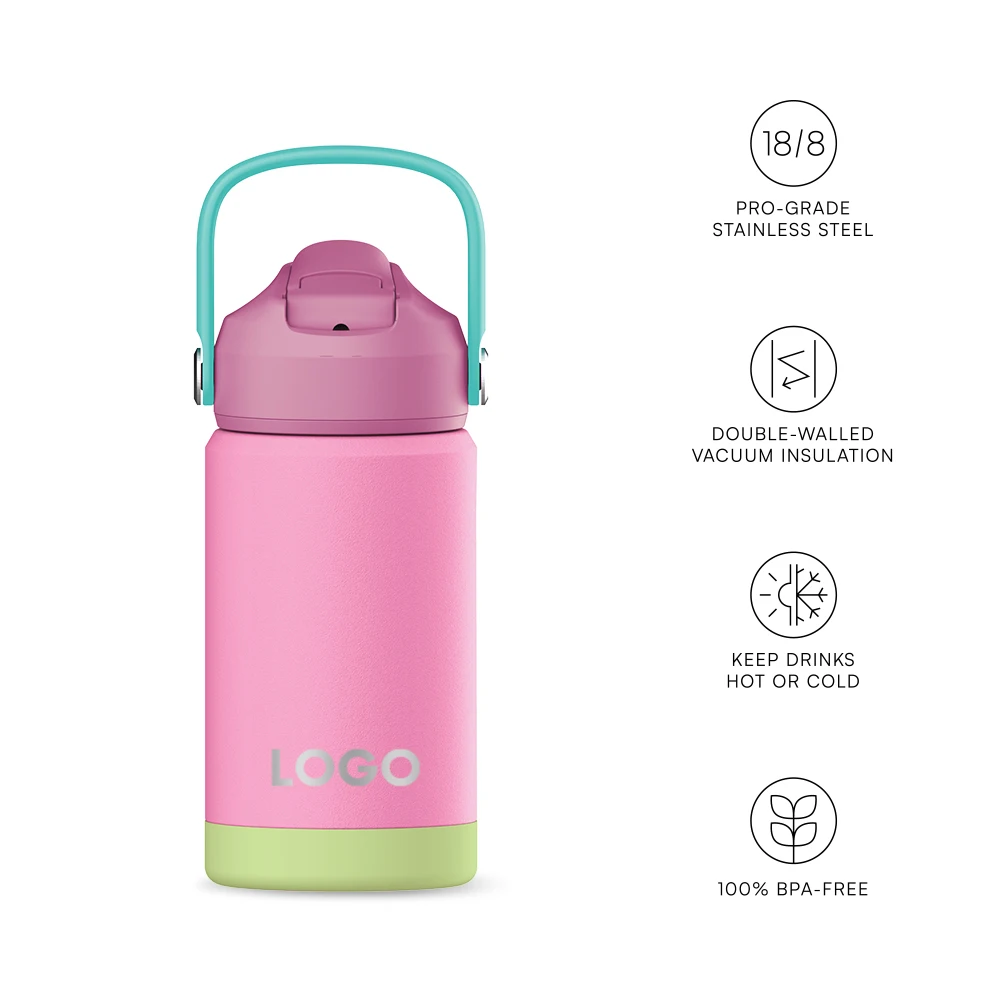 Cartoon Kids Water Bottle with Straw Double Wall Stainless Steel Thermal Bottle Vacuum Insulated for Toddlers