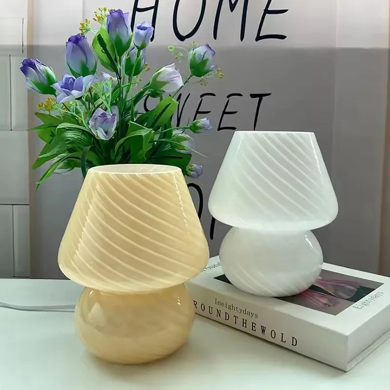 Mushroom Lamp Glass Table Bedside Lamps Translucent Vintage Style Striped Small Night Mushroom Decor Light Ambient Bedroom Lamps