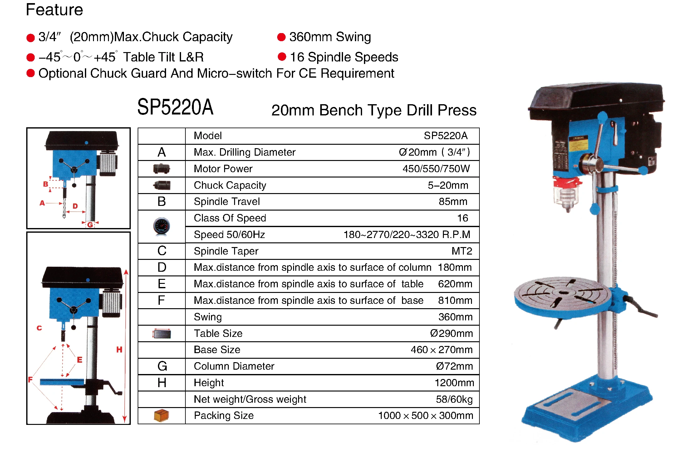 1600mm height floor type drill press 25mm factory SP5225A