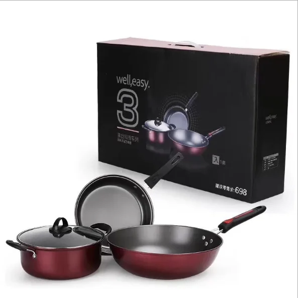 Red Gift Pot Boiling Pan Saucepan Set Three Pieces Pots And Pans Smooth Non-stick Cookware Set