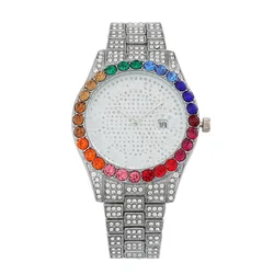 Gold Iced Out Men Watches Rainbow Diamond Quartz Luminous Watch Man Luxury Classic Unique Wristwatch