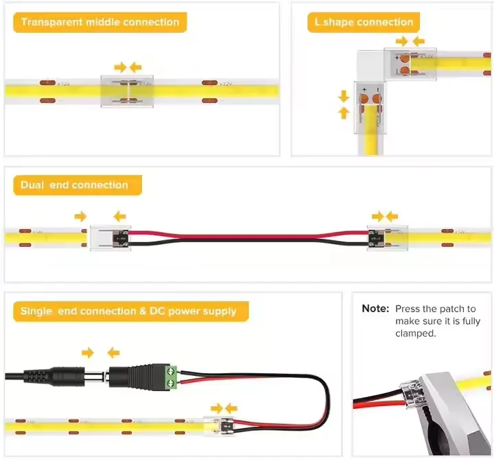 LED COB Strip Ribbon Quick Connector 2Pin 3Pin 4Pin Free Soldering 6mm 8mm 10mm L T X Cross Shape Corner Connection Cable