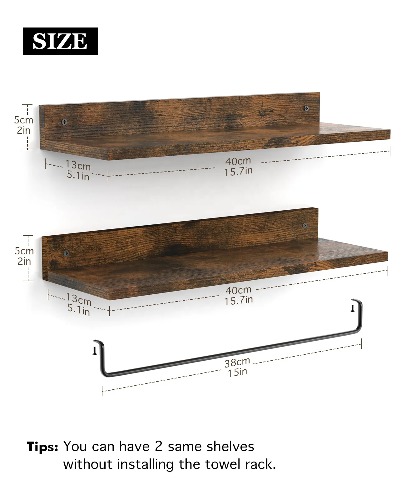 Custom Wood Decor Rustic Floating Shelves Wall Mounted Toilet Paper Towel Rack Set Dark Brown Bathroom Wall Shelf with Towel Bar