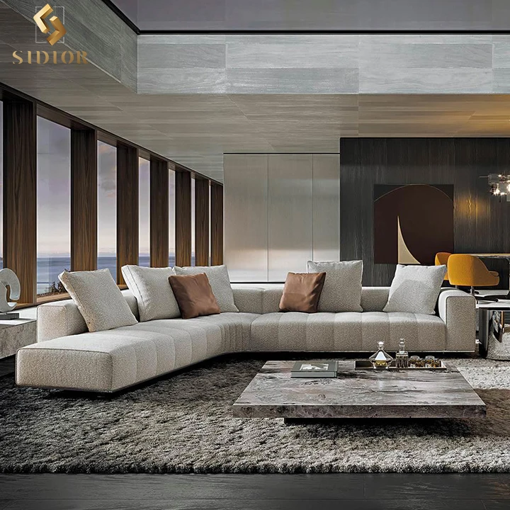 Minimalist Modern Grey Real Leather Sectional Linen Fabric Villa 8 Seater Couch Sofa Set L Shaped Corner Sofa Couch