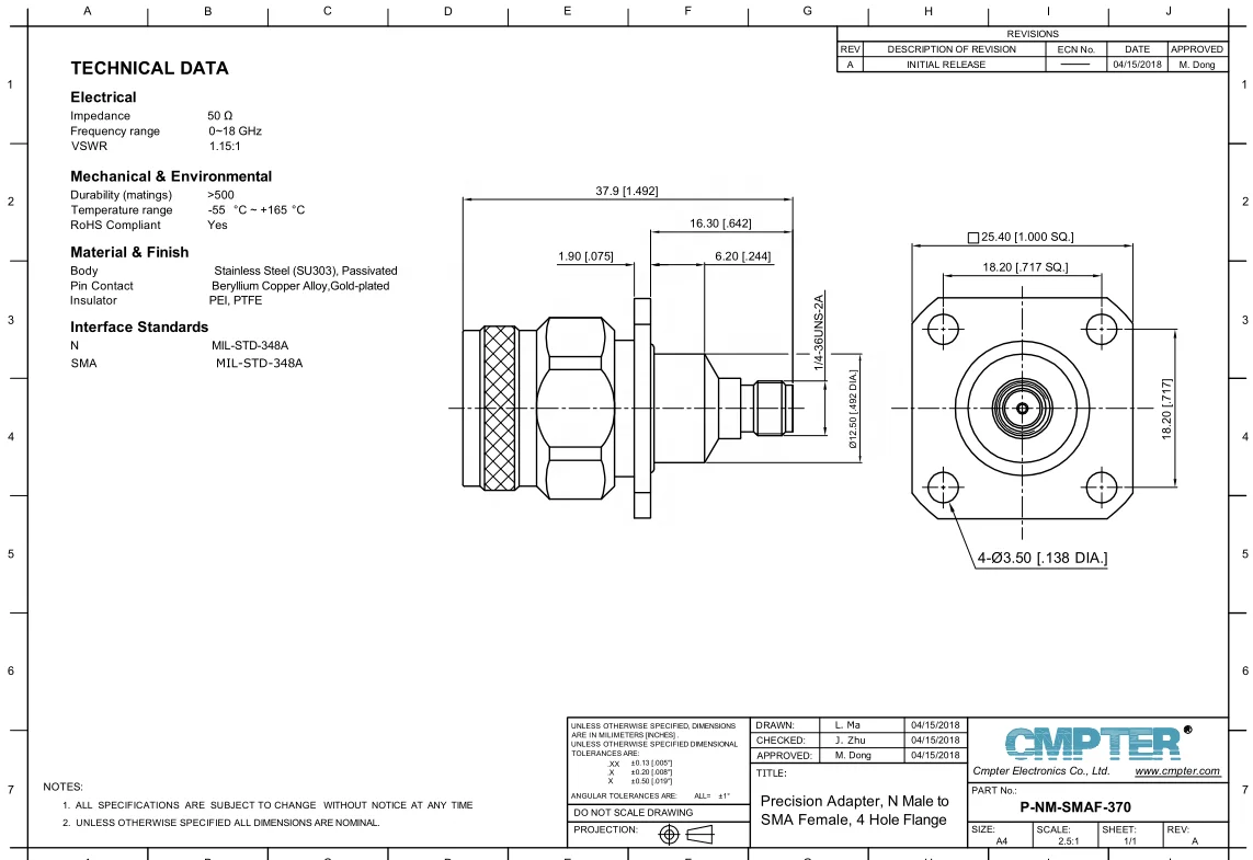 4Hole Flange N Male to SMA Female Precision Adapter DC to 18GHz 303 Stainless steel