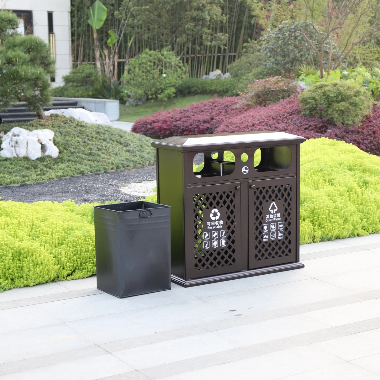 Cast Aluminum litter bin for garden outdoor trash can with ashtray single metal bin for street garbage bin