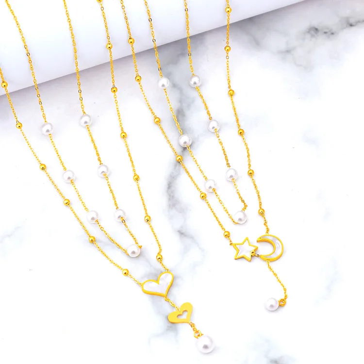 NJC New Arrivals Double Layer 18K Gold Plated Stainless Steel Stars And Moon Pendant Necklace