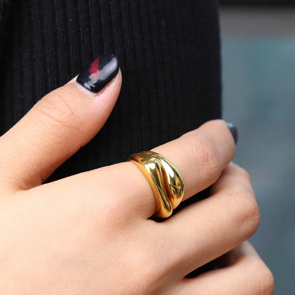 Chris April 316L stainless steel gold plated fashion jewelry irregular concave bump ring set double finger ring for women men