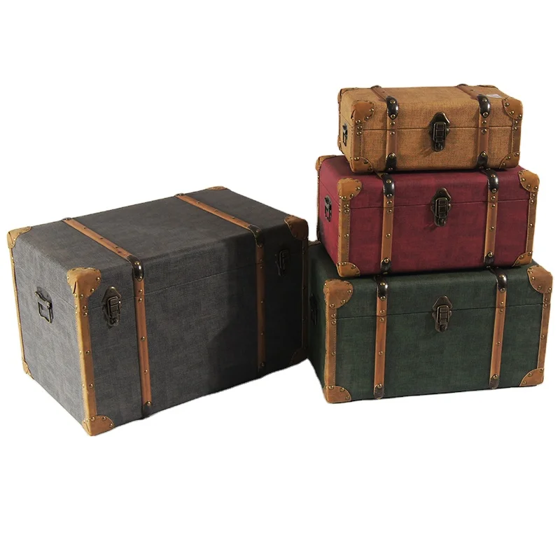 
2020 Highly Durable Home Decoration Vintage Rectangle MDF trunk with Leather with Wood Bar Set of 4 Storage Trunk 