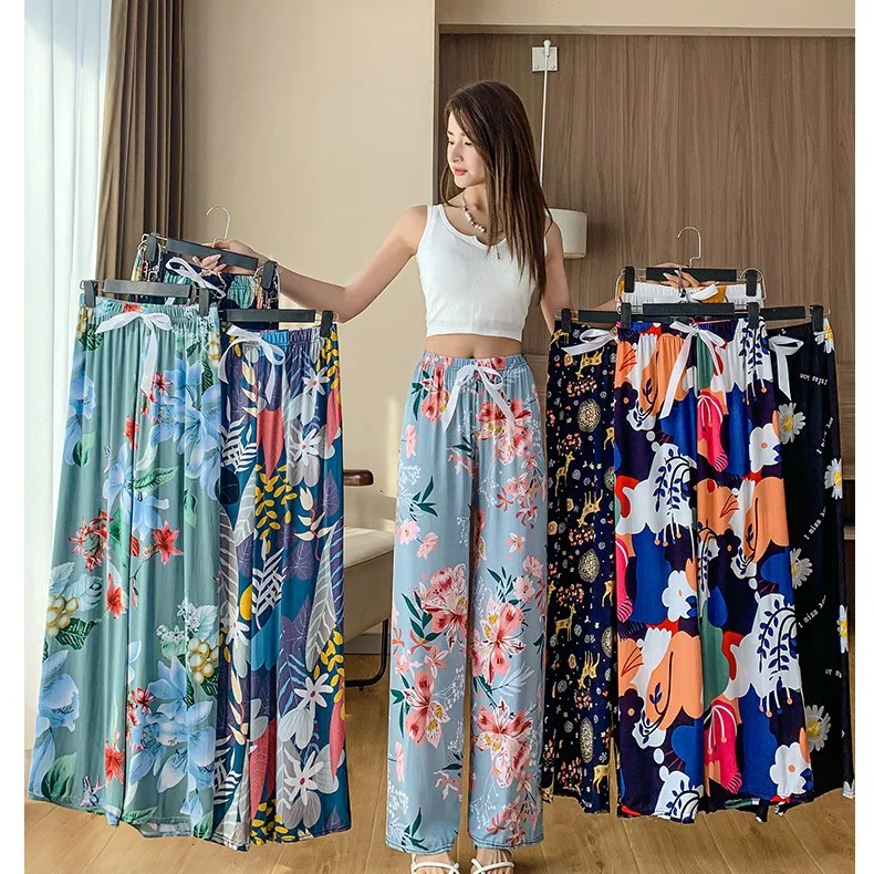 54 style wholesale cheap cotton flower Floral Print Causal Sleepwear Loose Large Size Wide Leg Pants Home Wear Trousers