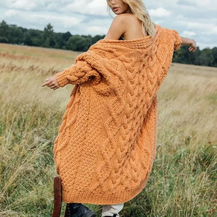 Wholesale Custom Baggy Ladies Plus Size Chunky Long Sweaters Vintage Loose Cardigan Cable Knit Wool Sweater For Women