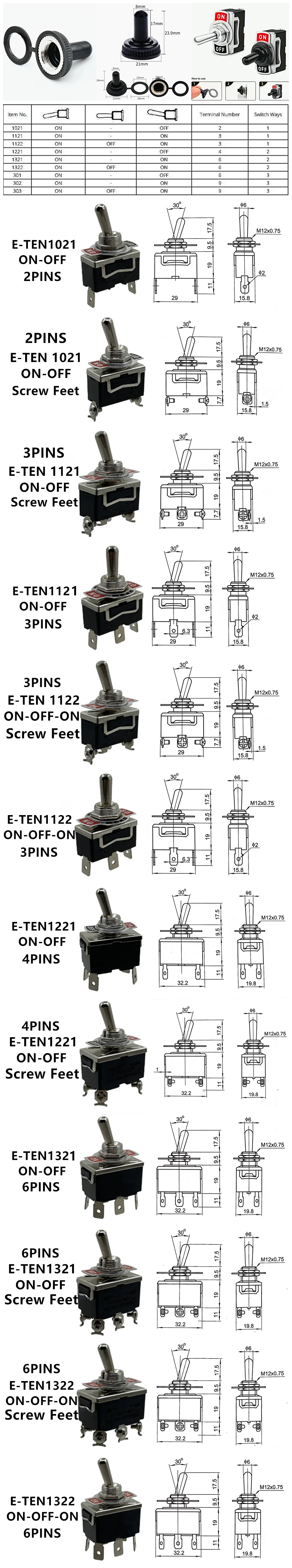E-TEN 1021 / 1121 / 1122 / 1221 / 1322 / 1321 / 1322 2 3 4 6 Pin Toggle Position Switches Waterproof