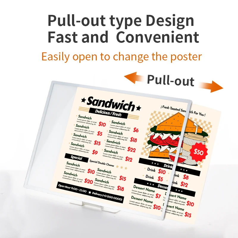 PIZZA Cafe Bar Table Led Menu Light Box with Tempered Glass Pullout Light Box A3 A4 Horizontal Vertical Desktop Menu Light Box