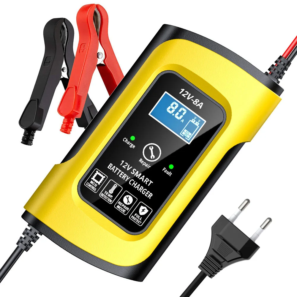FOXSUR 12V 8A Motorcycle Car Battery Charger Maintainer & Desulfator Smart Battery Charger, Pulse Repair Charger LCD Display