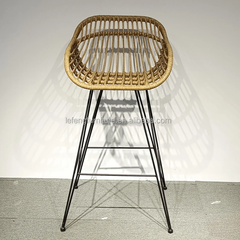 Wholesale Outdoor Furniture Restaurant Metal PE Rattan Bar Stool High Chair with Cushions Cheap Rattan Wicker Bar Stools