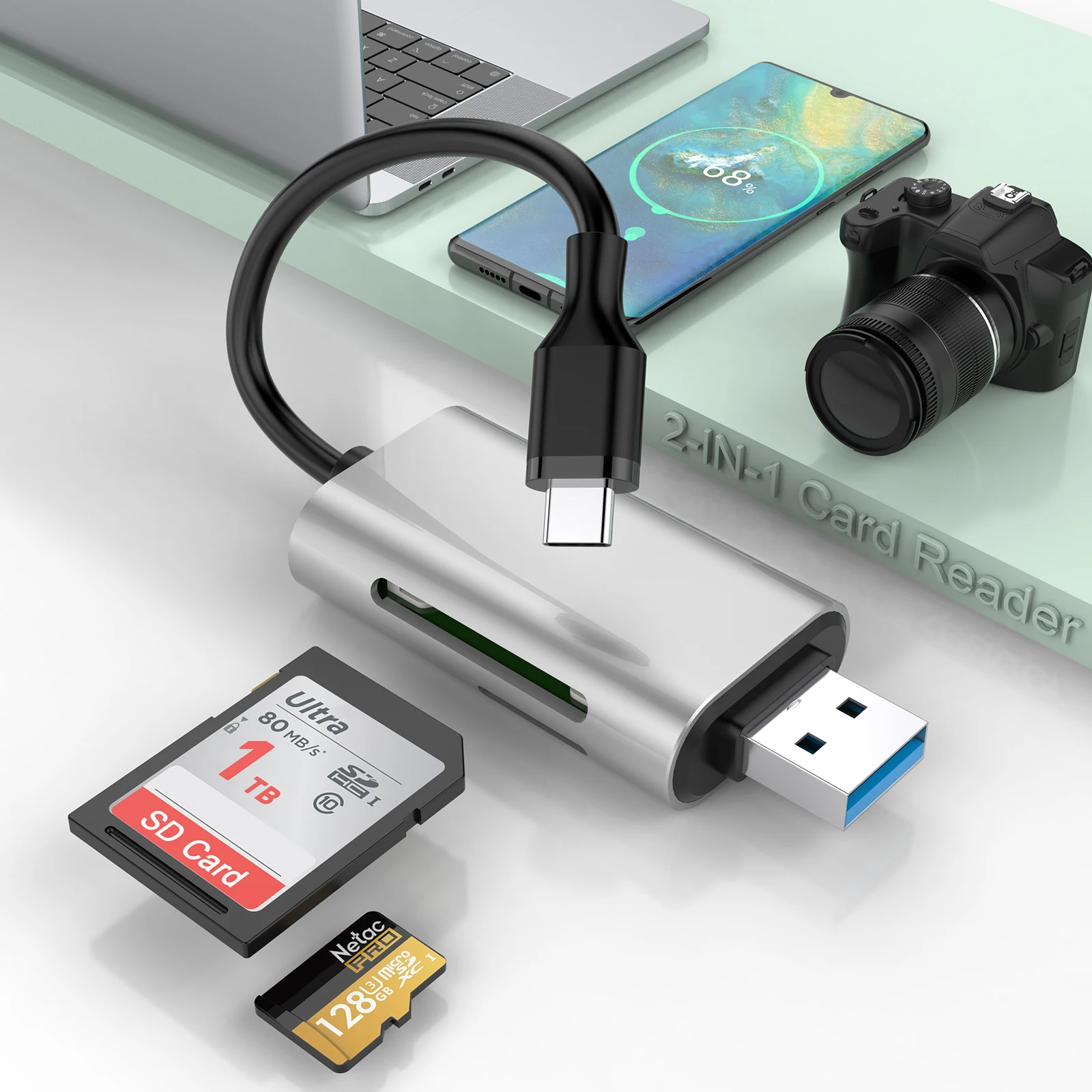 Portable 2-in-1 SD TF Card Reader Dual Connectors for USB A & Type C Devices USB 3.0 Card Reader