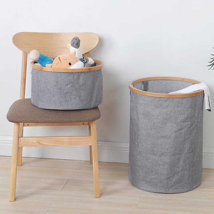 Wholesale bamboo rim circular laundry basket collapsible storage hampers