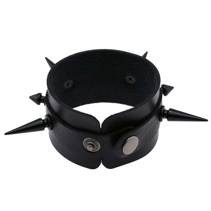 Unisex Punk Gothic Rock Black  Nail Rivet Wide Leather  Bangle Bracelets
